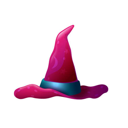 Cartoon Halloween Witch Magic Hat with Strap and Patterns. Isolated Magician Witchcraft Accessory. Pink, Purple and Old. Decorative Element in Fat Style.のイラスト素材