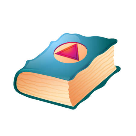 Fantasy Cartoon Witchcraft Thick Magic Book with Triangle Elements on the Cover and Old Faded pages. 3d Vector Illustration in Cartoon style for Game Design. Isolated on a White Backgroundのイラスト素材