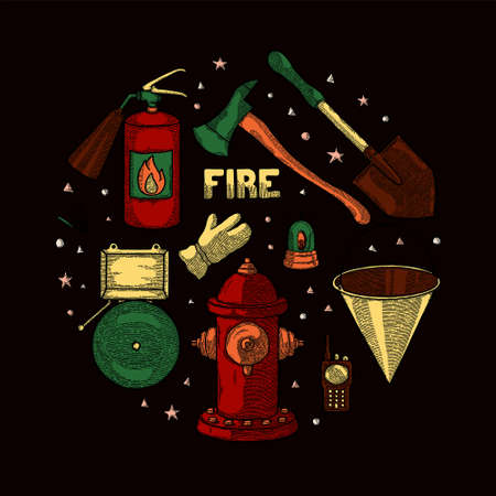 Firefighting Vintage Set of fireman tools vector illustration. Rescue equipment isolated. extinguisher, glove, shovel, bucket, axe, hydrant, alarm, radio. collection of isolated elements in circleのイラスト素材