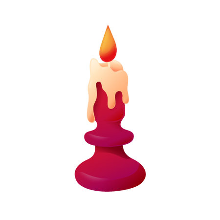 Cartoon Flaming Burning Candle Concept with Colorful Vintage Candlestick Holder. Vector Mystic, Romantic Wax Stick with Fire on Top Isolated on white background. Paraffin, Bright Flame.のイラスト素材