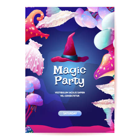 Poster, Announcement, Flyer, Magazine, Book Cover, Booklet, Banner Template with CopySpace. Colorful Fantasy Magic Mushrooms. Fungus and Unrealistic Uneartly Shiny Alien Botany with Luminous Capsのイラスト素材