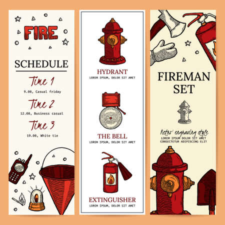 Firefighting Vintage Banner Templates of fireman tools vector illustration. Rescue equipment isolated. Vertical Design Template with Copy Space for Social Media, Web, Instruction. High and Longのイラスト素材