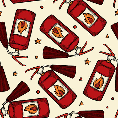 Retro Fire Extinguisher Seamless Pattern Background. Vector Illustration. Decor textile wrapping paper wallpaper vector print or fabric. Pprofessional tools and equipment for fire fightingのイラスト素材