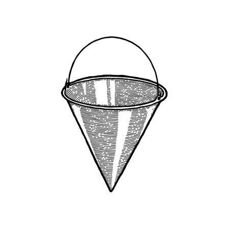 Monochrome Triangle Cone fire bucket for fire fighting isolated on white background. Firefighting equipment using for prevent, extinguish, combat flame. Isolated Contour Symbolのイラスト素材