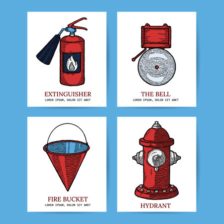 Firefighting Vintage Banner Icons of fireman tools. Rescue equipment isolated. Design Template with Copy Space for Social Media, Gift Tag, Instruction. Fire Extinguisher, Alarm, Bucket, Hydrantのイラスト素材