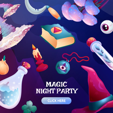 Set of Cartoon Magic Witchcraft accessories with mushroom on Dark Background. Glowing Alchemy Collection with Witch Hat, Glass Poison Bottle, Sickle, Wizard Book, Candle, Test Tube. For Game Designのイラスト素材