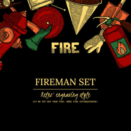Firefighting Vintage Elements Set of fireman tools vector illustration. Rescue equipment isolated. Design Template with Copy Space for Banner, Social Media, Poster, Instruction. Border on Top, Blackのイラスト素材