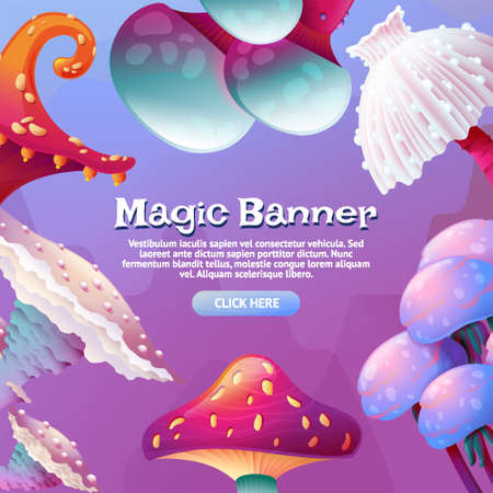 Square Banner Template with Copyspace. Colorful Fantasy Magic Mushrooms. Fungus and Unrealistic Uneartly Shiny Alien Botany with Luminous Caps. For Game Design, Cartoon Background, Social Mediaのイラスト素材