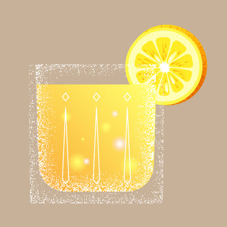 Glass with lemonade, slice of lemon or orange. Textured yellow healthy drink in decorative style with patterns, healthy piece of food, orange cocktail or smoothie. Vector isolated illustrationのイラスト素材