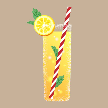 Glass of lemonade with straw, lemon slices and mint leaf. Striped straw for cocktail or refreshing drink, ice cube and orange, yellow juice beverage with bubble and texture. Vector trend illustrationのイラスト素材