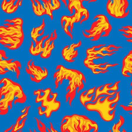 Fire flame hot pattern. Blue, red cartoon hell or hot temperature wallpaper, firewall seamless texture in pop art style, explosion heat, temperature. Vector illustration backgroundのイラスト素材