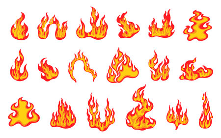 Fire flame logo. Hot shapes, red and yellow cartoon blaze, orange energy, heat symbol, explosion, bonfire sign, campfire or power passion, flammable fireballs, danger flaming, warm emblem. Vector setのイラスト素材