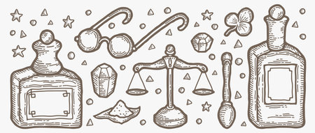 Witchcraft, alchemy bottle. Sketch esoteric crystal, magic poison or potion drink, scales, glass, spoon and clover in vintage retro engraved syle, clover, witch powder. Vector black and white setのイラスト素材
