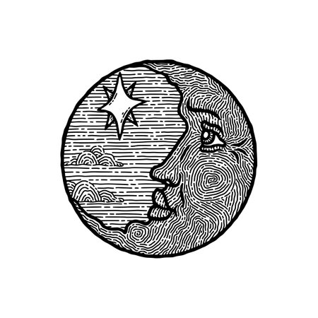 Vintage moon face. Sun, star, celestial antique retro night astronomy icon, line tattoo or logo, old crescent for sketch, gravure, zodiac horoscope symbol, hand drawn sky. Vector isolated illustrationのイラスト素材