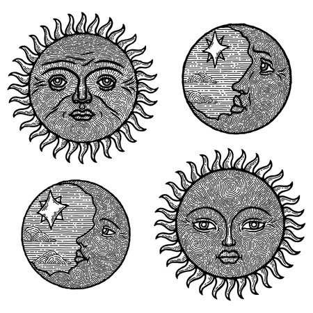 Sun moon tattoo. Mystic face, celestial drawing cards, engraved boho design elements, old star logo or icons, outline vintage symbol stickers, mystical crescent face. Vector isolated illustrationのイラスト素材