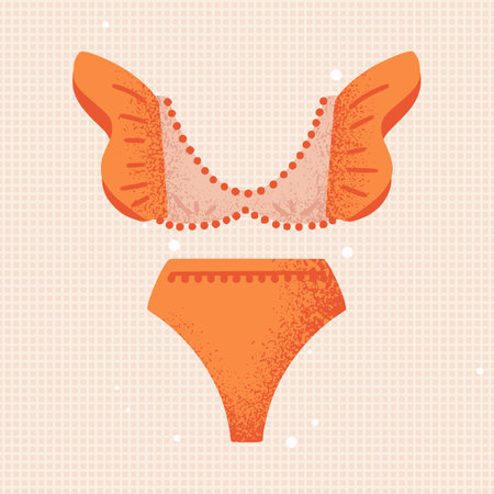 Two piece Bikini. Swimwear, beachwear, high waisted bottom, bead, ruffled sleeve, pleats. Bra cup with textured details. Swimsuit in Brazilian or Mexican style for beach, poolside. Vector illustrationのイラスト素材