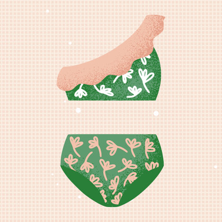 Vintage Bikini. Separate swimwear, swimsuit, retro high waiste bottom, pink ruffled top, bra. Mexican or Brazilian, doodle flowers, texture. For trendy beach, poolside, pool. Vector illustrationのイラスト素材
