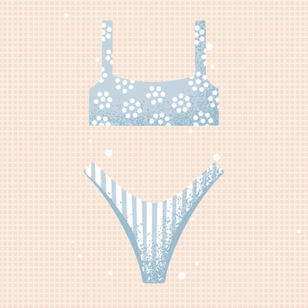 Blue Swimsuit. High waisted bottoms, Two Piece swimwear, stripes and a simple dot pattern on top with flowers. Textured, sport retro style. For beach or pool, lingery or underwear. Vector illustrationのイラスト素材