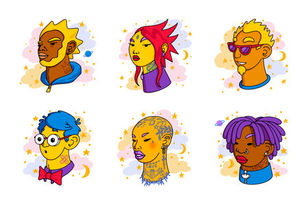 People avatars. Employee person face, business team diverse portrait, head, user characters, man, woman. Bright hair, tattoo, piercings, glasses, plaster, dreadlocks, bald head, beard. Vector flat setのイラスト素材
