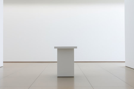 White product podium. Pillar pedestal or stand in white room middle. Empty backdrop or cosmetic baseの素材