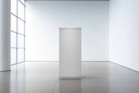 White rectangle product podium on grey glass floor in empty room centerの素材
