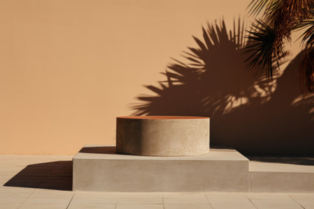 Wood product podium pedestal, scene or stage with palm tree shadow near the minimalistic empty terracotta wallの素材