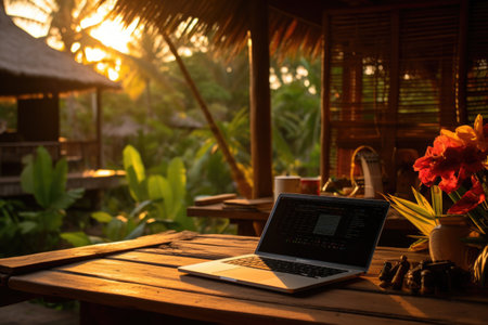 Freelancer in tropics. Laptop on wooden table outside a hut in the morning. Pc, personal computer with tropical flowers, online workingの素材