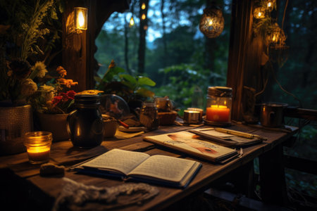 Writer workplace. Book, candle illuminateson table in cozy dark roomの素材