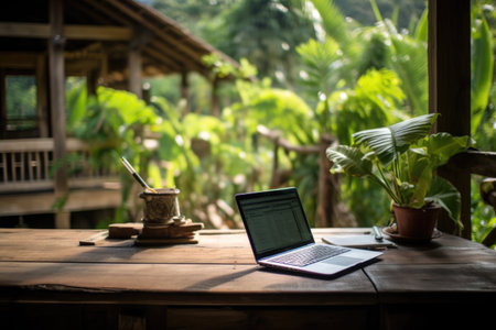 Laptop on wooden table by a house in by lush greenery. Working in tropical palm workplace, work on vacationの素材