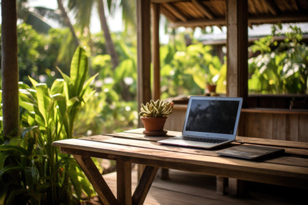 Work on vacation. Laptop computer on wooden table outdoors, freelancer workplace in tropical villageの素材