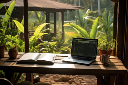 Computer on table by open book, houseplant on window sill. Personal laptop, PC as workplace on vacation in tropicaの素材