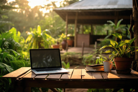 Laptop on wooden table. Tropical nature, morning work hour for freelancer, personal computer or pc in tropic vacationの素材