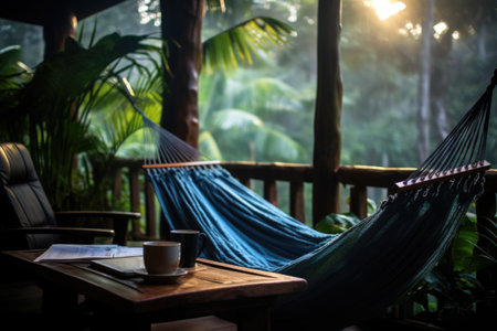Freelancer corner. Workplace for writing or studying, relaxing in hammock with coffee, tea cup under treeの素材