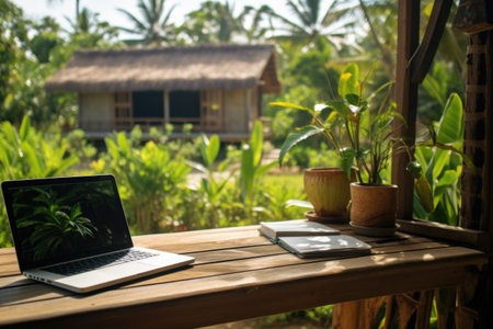 Tropical workplace. Work on vacatoin. Online working, laptop on wooden table outside a thatched hutの素材
