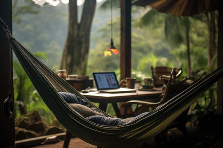 Work on vacation. Laptop, hammock relax under tree. Freelancer workplace, tropical asian workspaceの素材