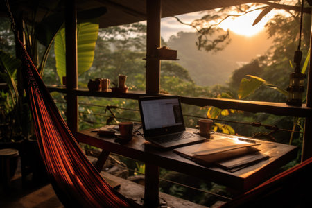 Remote workplace. Hammock, desk, laptop in tropical house. Freelancer workstation in asian tropics with palms and banana leaves on sunsetの素材