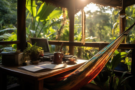 Work in tropics. Hammock, table laptop and coffee cup, sunny day in jungles. Writer workplaceの素材
