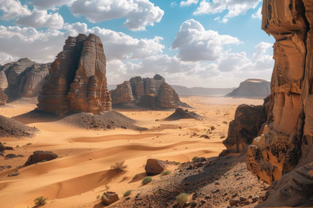 Stunning rock formations in tassili n'ajjer, a unesco world heritage site in the sahara desert. dramatic cliffs and sandy dunes under a bright sky. ideal for nature photography enthusiasts, travel guides, posters, and framed prints.の写真素材
