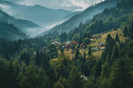 Scenic landscape of the carpathian mountains with lush, dense forests. small villages with red rooftops are nestled amidst the greenery, creating a serene and picturesque vista. the mist-covered mountains in the background add an ethereal quality to the scene.の写真素材
