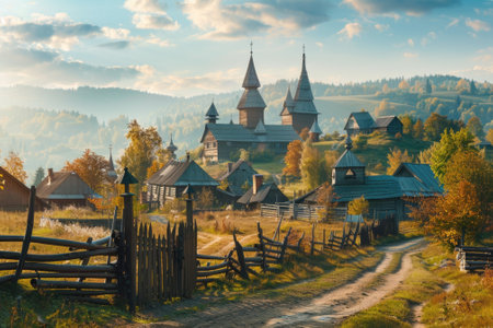 A serene autumn morning in maramures showcasing its iconic wooden churches set against a backdrop of fog-covered hills. the winding dirt road lined with rustic wooden fences and vibrant fall foliage enhances the tranquil rural charm of the village.の写真素材