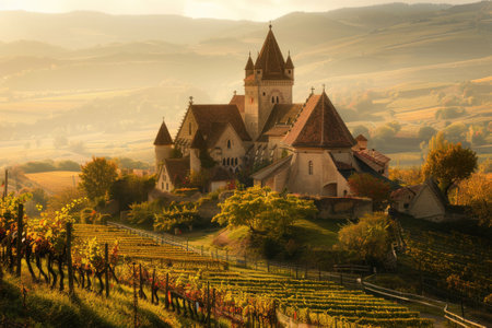 The historic fortified church of biertan stands majestically amidst rolling vineyards and vibrant autumn foliage. bathed in warm, golden sunlight, the picturesque landscape serene beauty and rich heritage of the transylvanian countryside.の写真素材