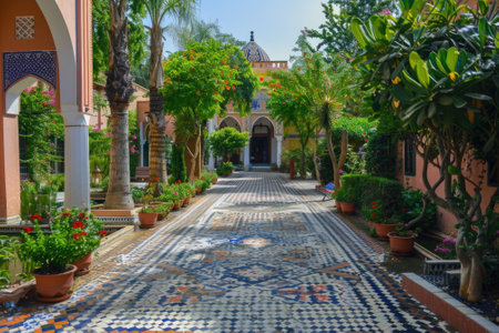Vibrant courtyard in tlemcen featuring an intricate mosaic pathway surrounded by lush greenery, potted plants, and vibrant flowers. the scene includes traditional architecture with arches and a domed structure in the background, showcasing the beauty of this historic place.の写真素材
