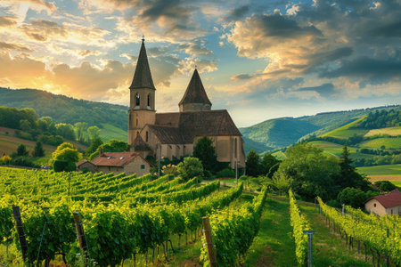 A picturesque view of the historic fortified church of biertan, nestled amidst lush vineyards and rolling hills. the golden sunset illuminates the sky, accentuating the serene beauty of this iconic transylvanian landscape, ideal for travel and scenic decorations.の写真素材