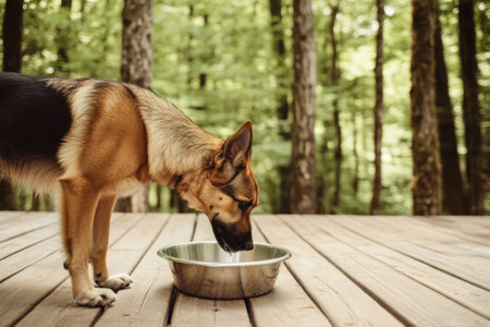German Shepherd Drinking from Metal Bowl on Wooden Deck in Forest Setting - Nature Pet Conceptの素材