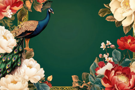 Elegant Traditional Chinese Design with Peacock and Floral Elements for Decorative Artwork and Digital Printsの素材