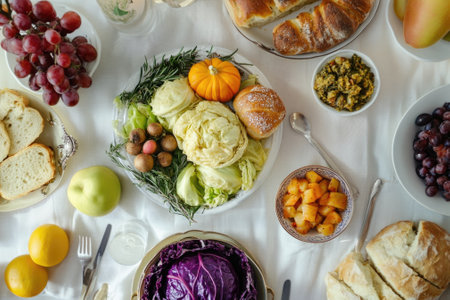 Traditional Sukkot Table Spread with Fresh Produce and Bread - Ideal for Holiday Marketing, Culinary Blogs, and Festive Postersの素材