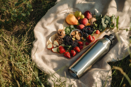 Minimalistic Summer Picnic Scene with Fresh Fruits and Stainless Steel Water Bottle in Sunlit Parkの素材