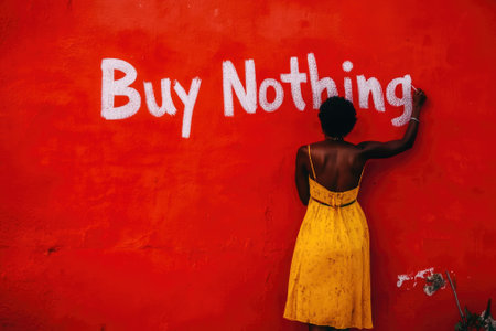 Minimalist Lifestyle Concept: Woman in Yellow Dress Writing Buy Nothing on Red Wall â Captivating Visual for Anti-Consumerism Themesの素材
