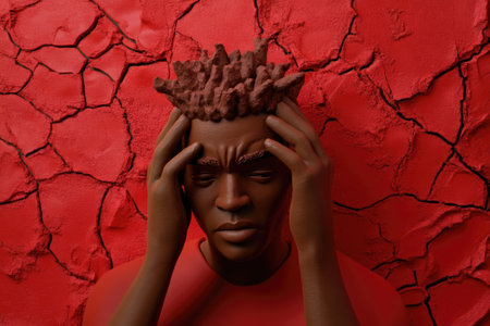 3D Plasticine Style Portrait of a Pensive Young Man Against a Cracked Red Background - Perfect for Art Prints and Postersの素材