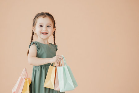 Smiling Girl with Braided Hair Holding Colorful Shopping Bags - Children, Shopping, Happinessの素材